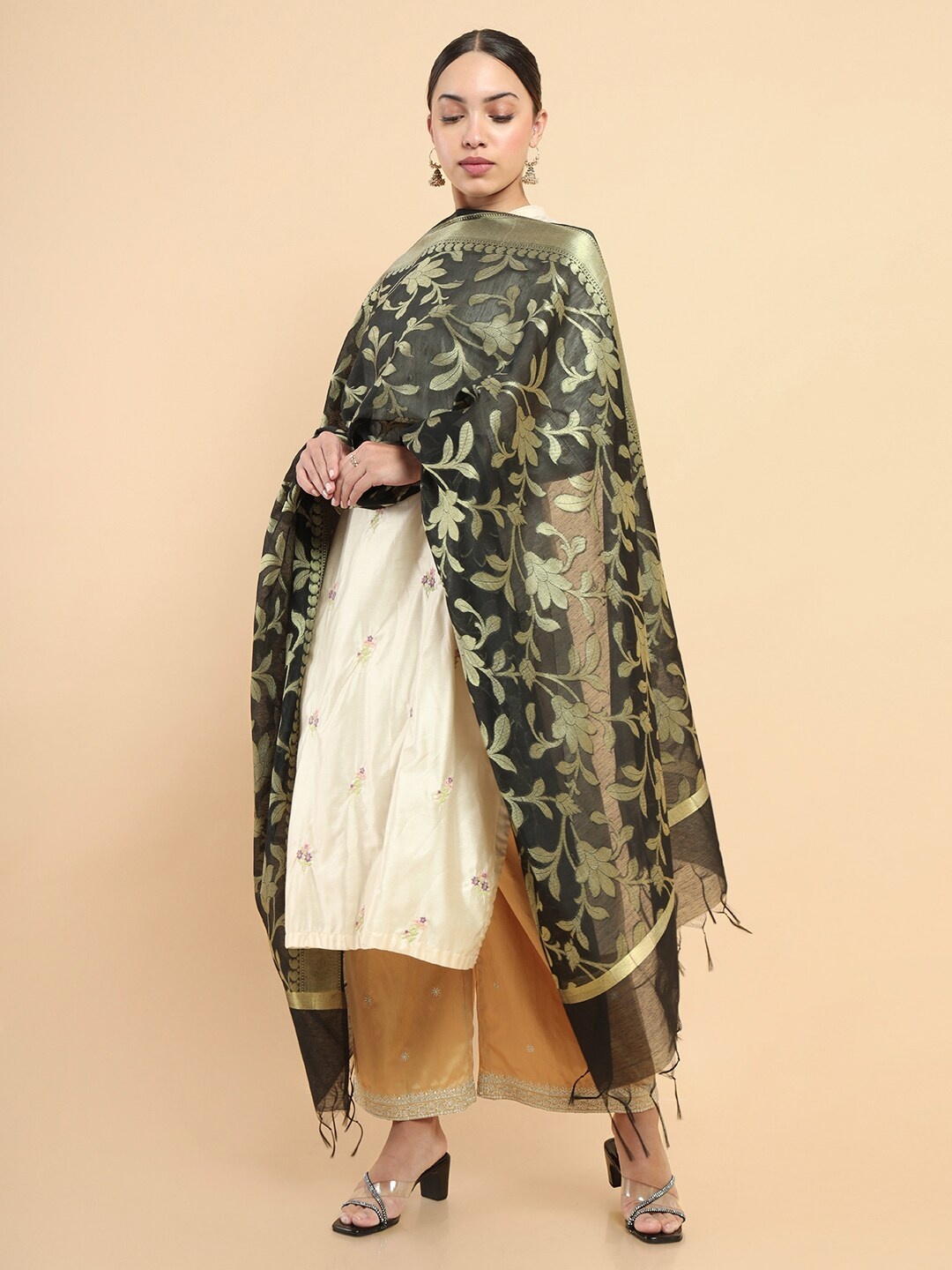 Soch Black & Grey Woven Design Satin Dupatta