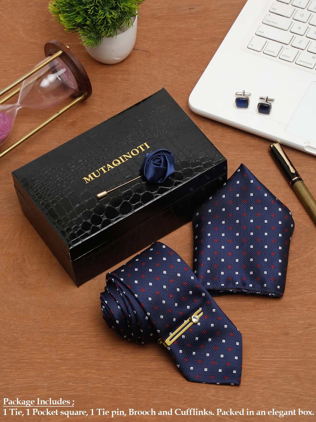 

MUTAQINOTI Men Multi Checked Silk Necktie Accessory Gift Set, Blue