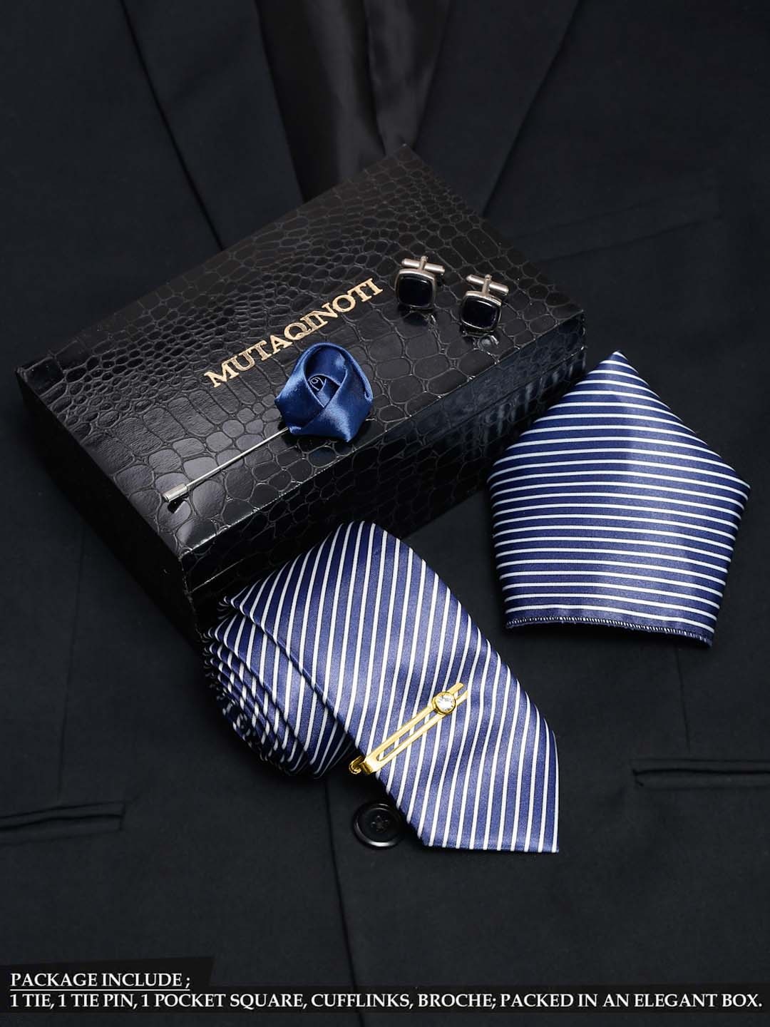 

MUTAQINOTI Men Stripes Dark Blue Silk Blend Necktie Accessory Gift Set