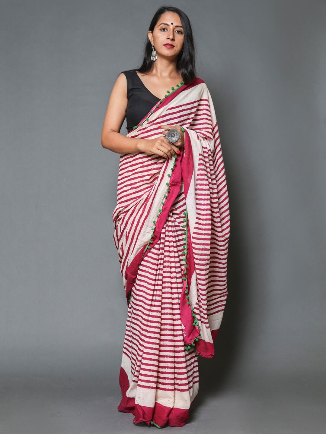 

BUTA BUTI Women Red & White Striped Pure Cotton Saree