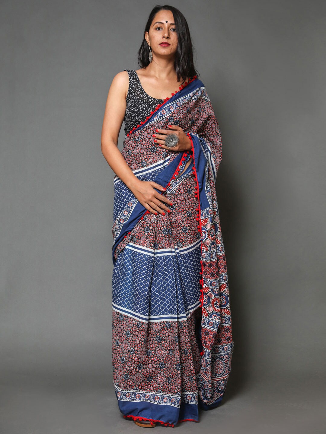 

BUTA BUTI Blue & Red Ethnic Motifs Printed Pure Cotton Saree