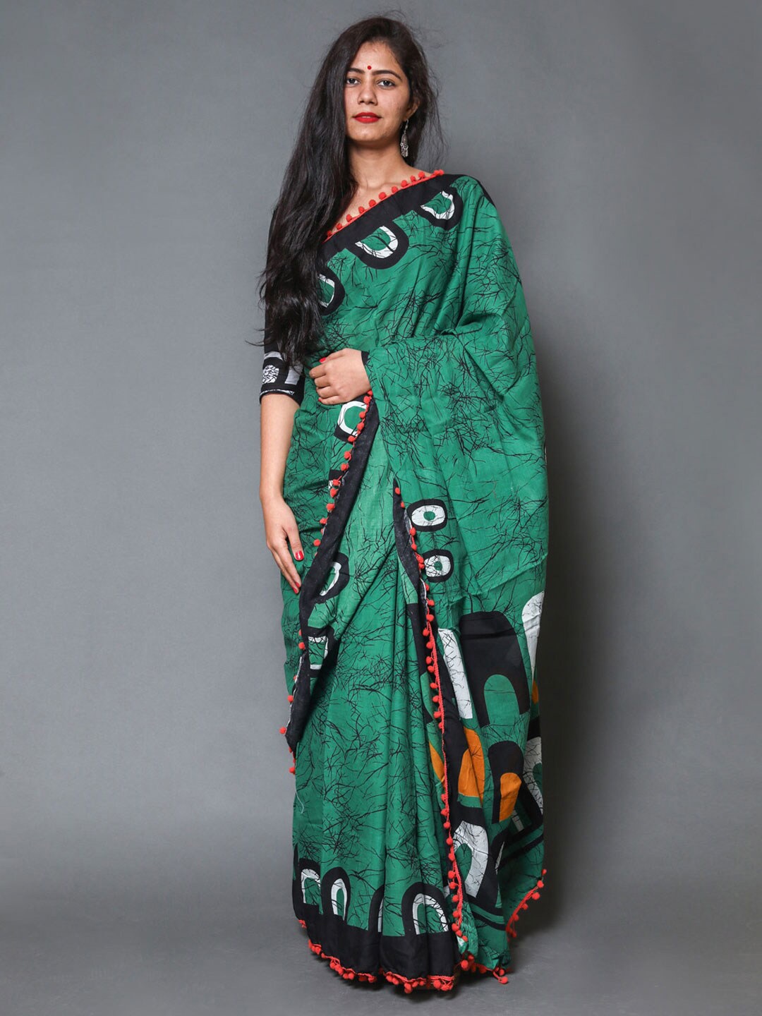 

BUTA BUTI Green & Black Printed Pure Cotton Saree