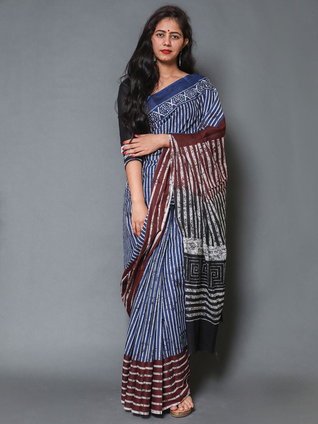 

BUTA BUTI Blue & Red Striped Pure Cotton Ready to Wear Saree