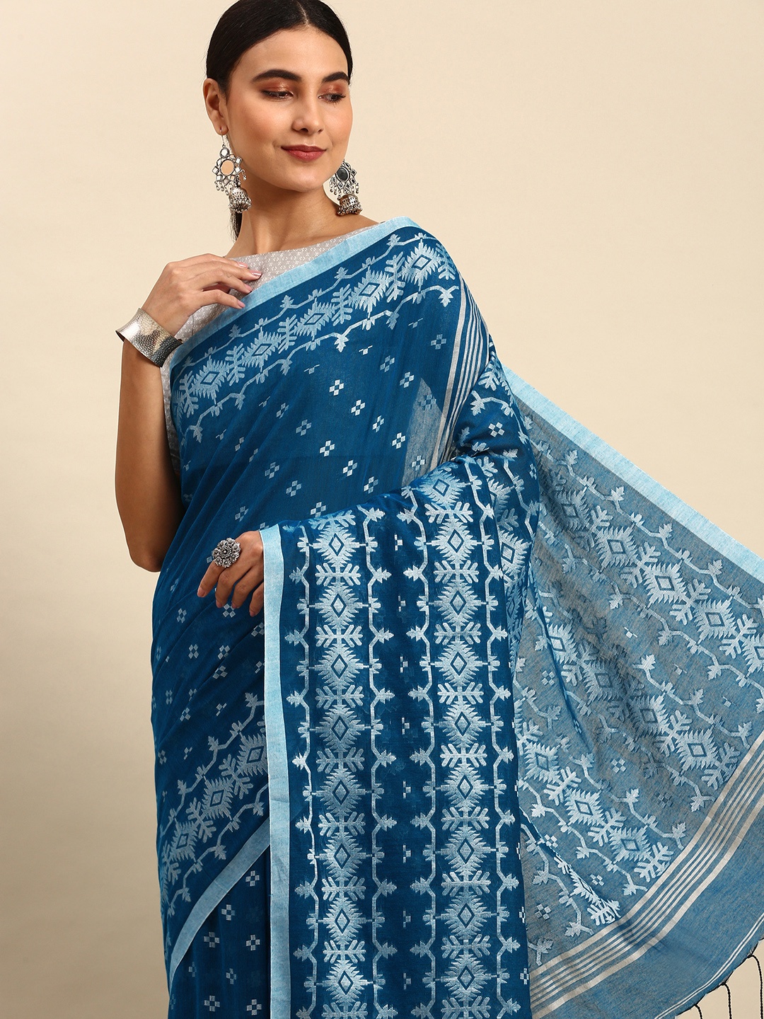 

WoodenTant Turquoise Blue Woven Design Pure Cotton Khadi Saree