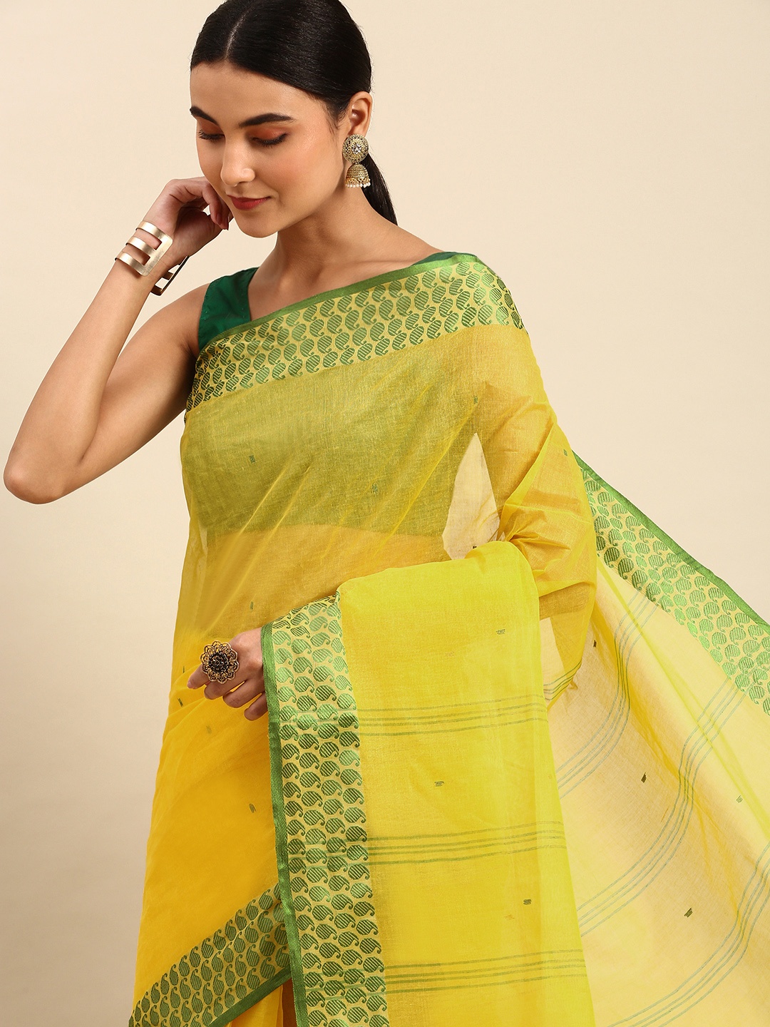 

WoodenTant Yellow Woven Design Pure Cotton Taant Saree
