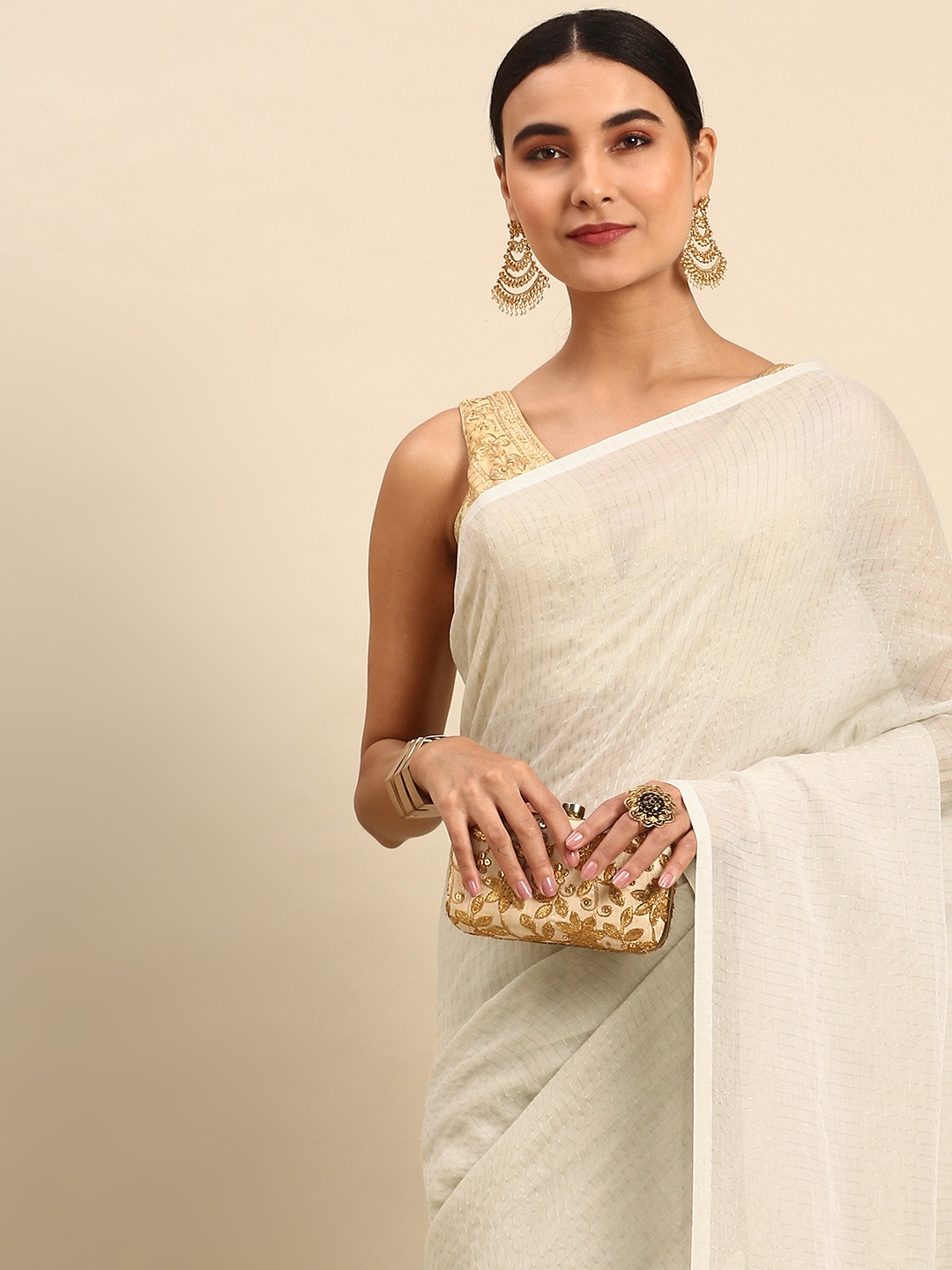 

WoodenTant Off White Striped Pure Cotton Mangalagiri Saree