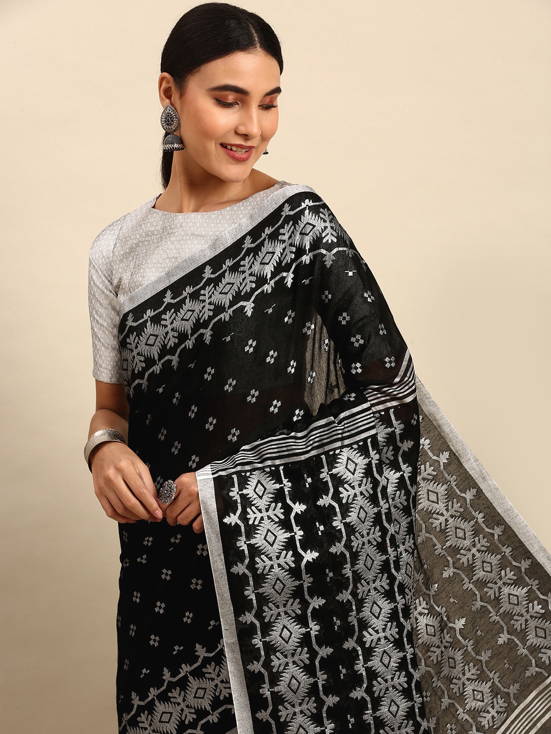 

WoodenTant Black Woven Design Pure Cotton Khadi Saree