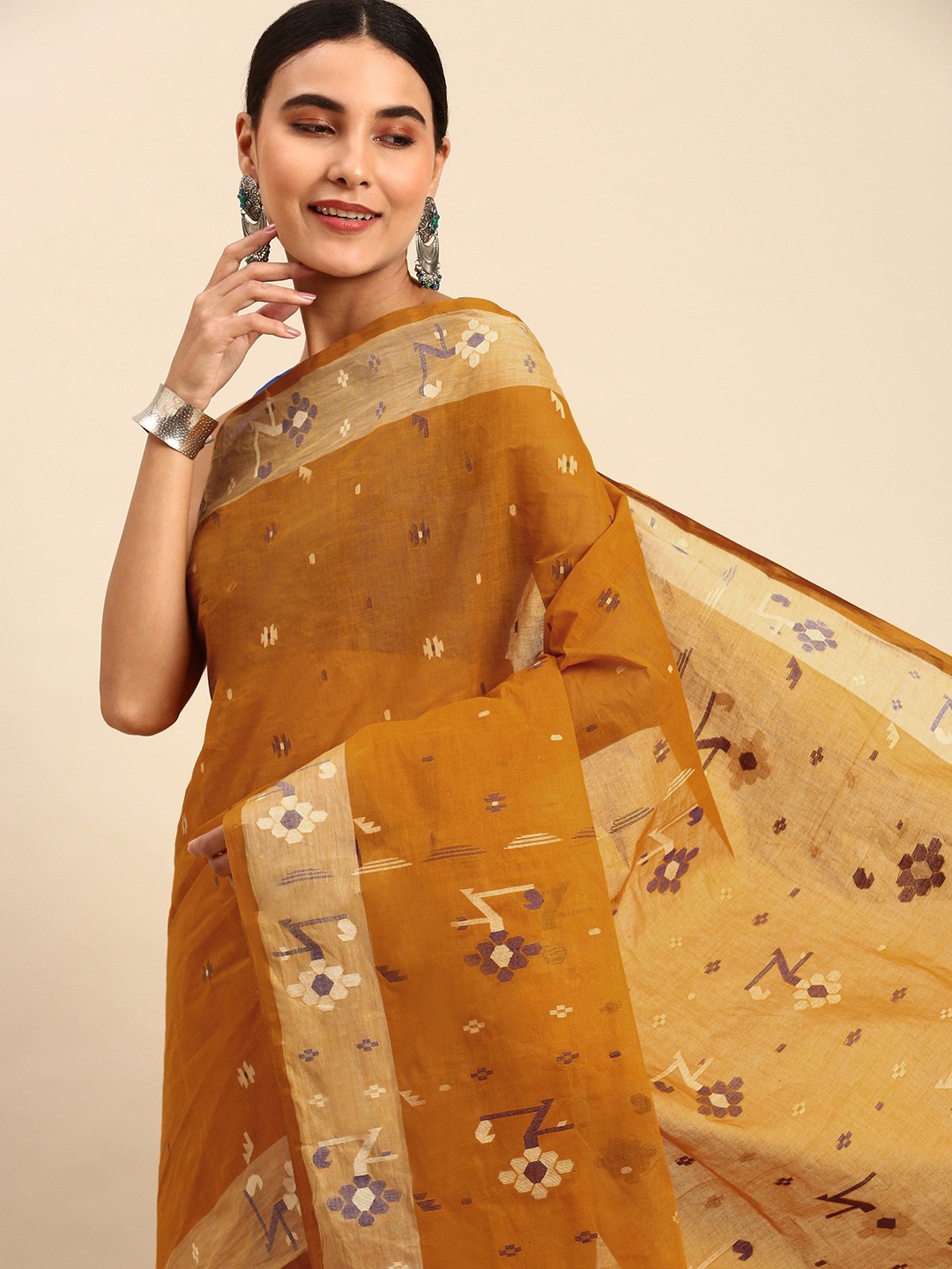 

WoodenTant Rust Orange Woven Design Pure Cotton Jamdani Saree