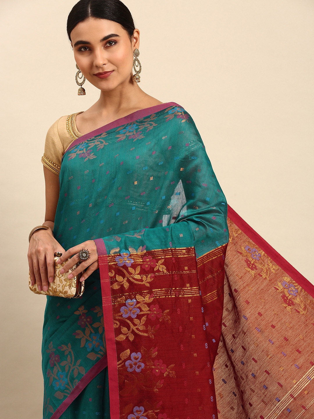 

WoodenTant Floral Woven Design Silk Cotton Saree, Teal