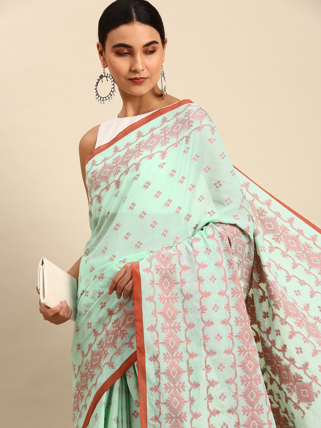 

WoodenTant Sea Green Woven Design Pure Cotton Khadi Saree