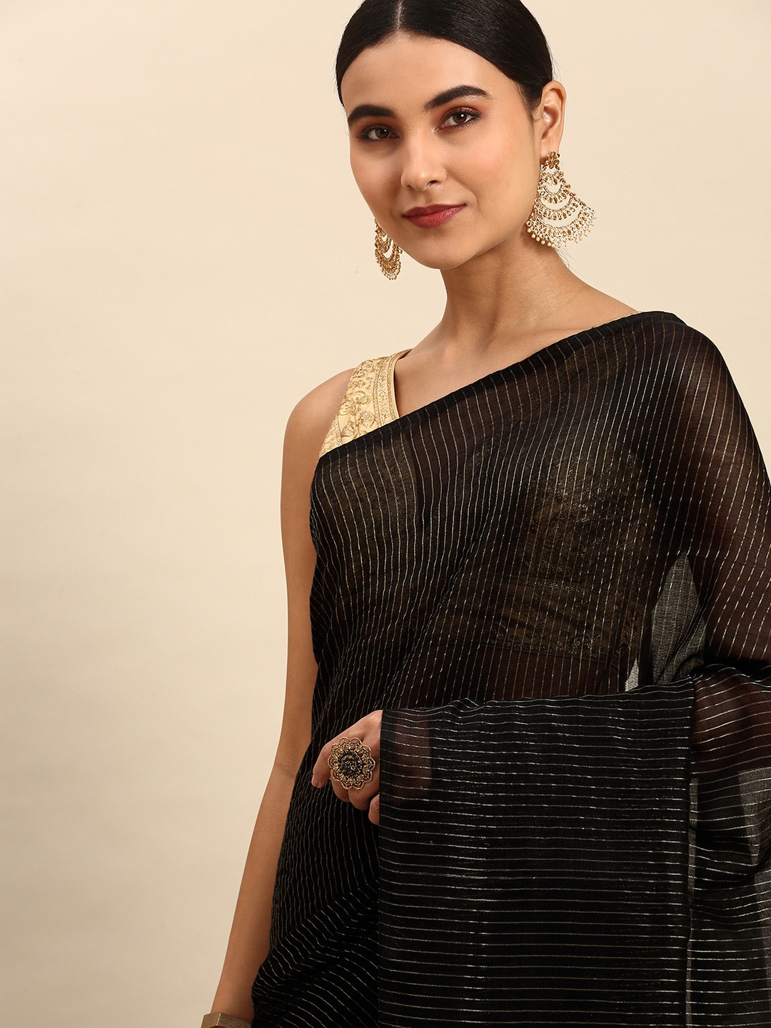 

WoodenTant Black Striped Pure Cotton Mangalagiri Saree