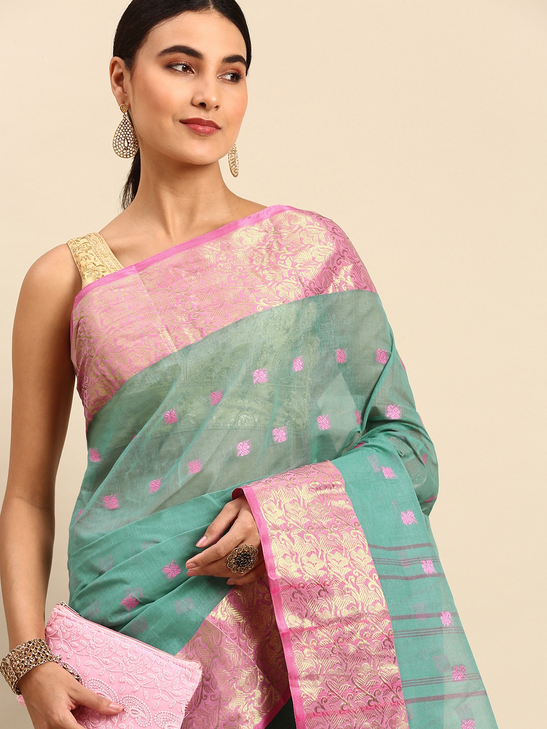 

WoodenTant Sea Green & Pink Woven Design Pure Cotton Taant Saree