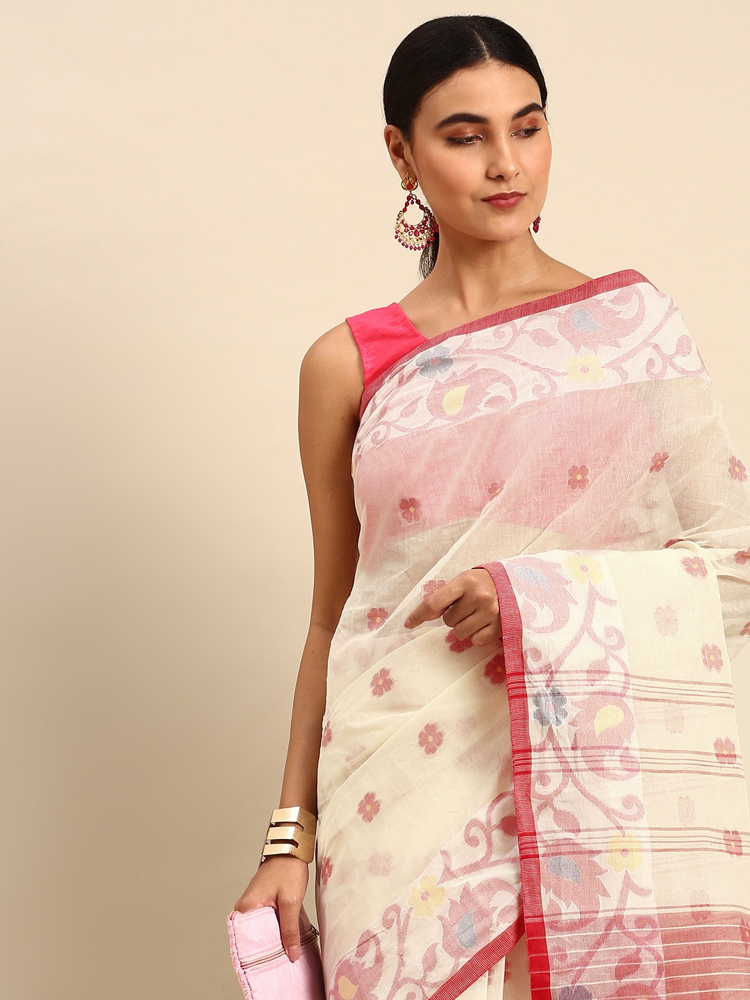 

WoodenTant White Woven Design Pure Cotton Taant Saree
