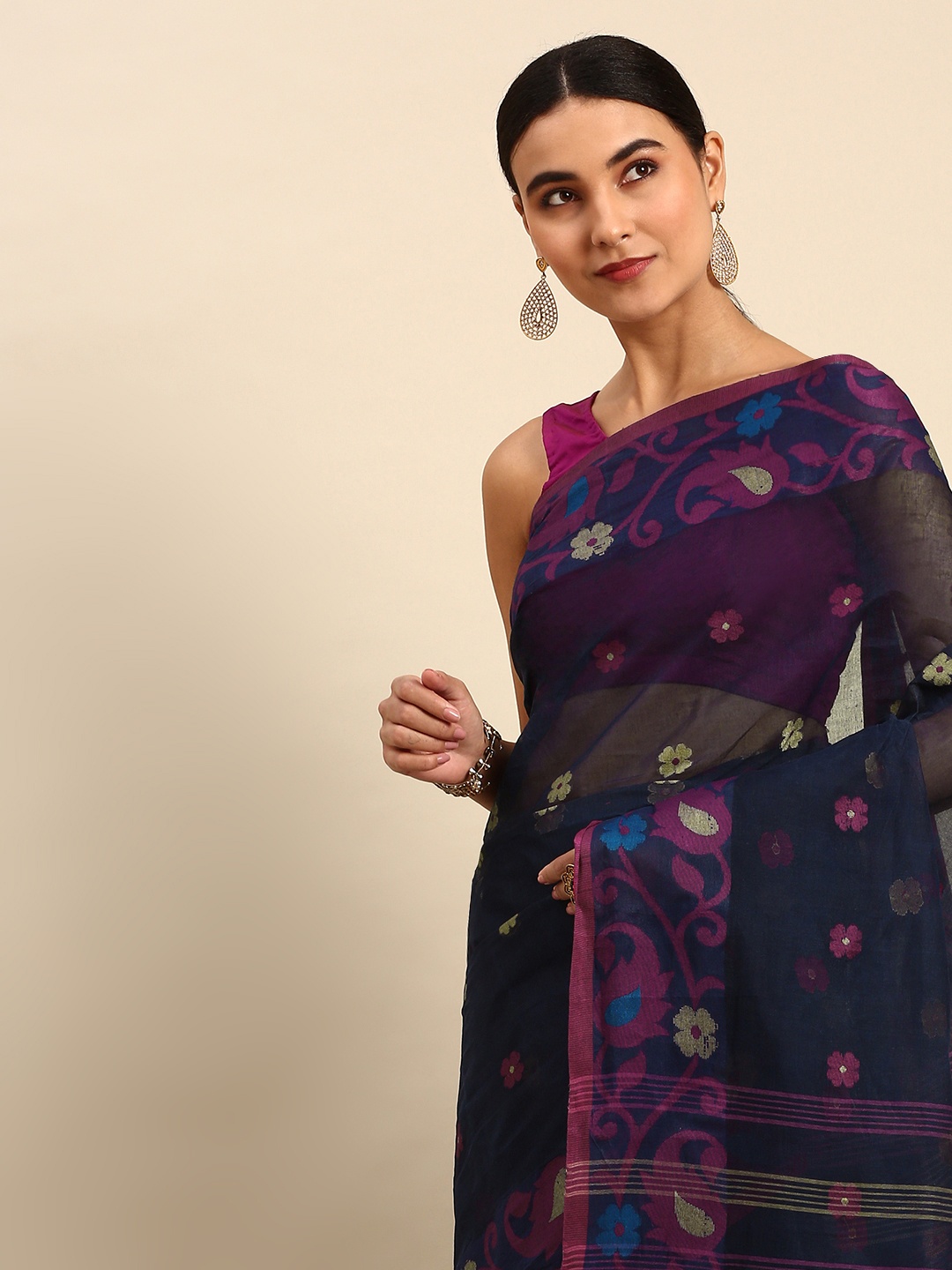 

WoodenTant Navy Blue Woven Design Pure Cotton Taant Saree