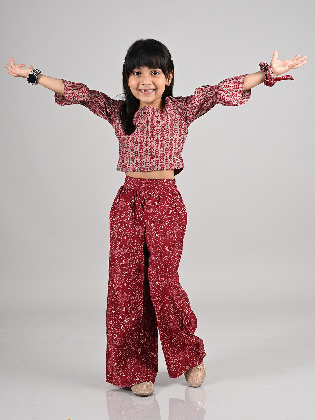 

TALES & STORIES Girls Maroon & Grey Printed Top with Palazzo With Dupatta