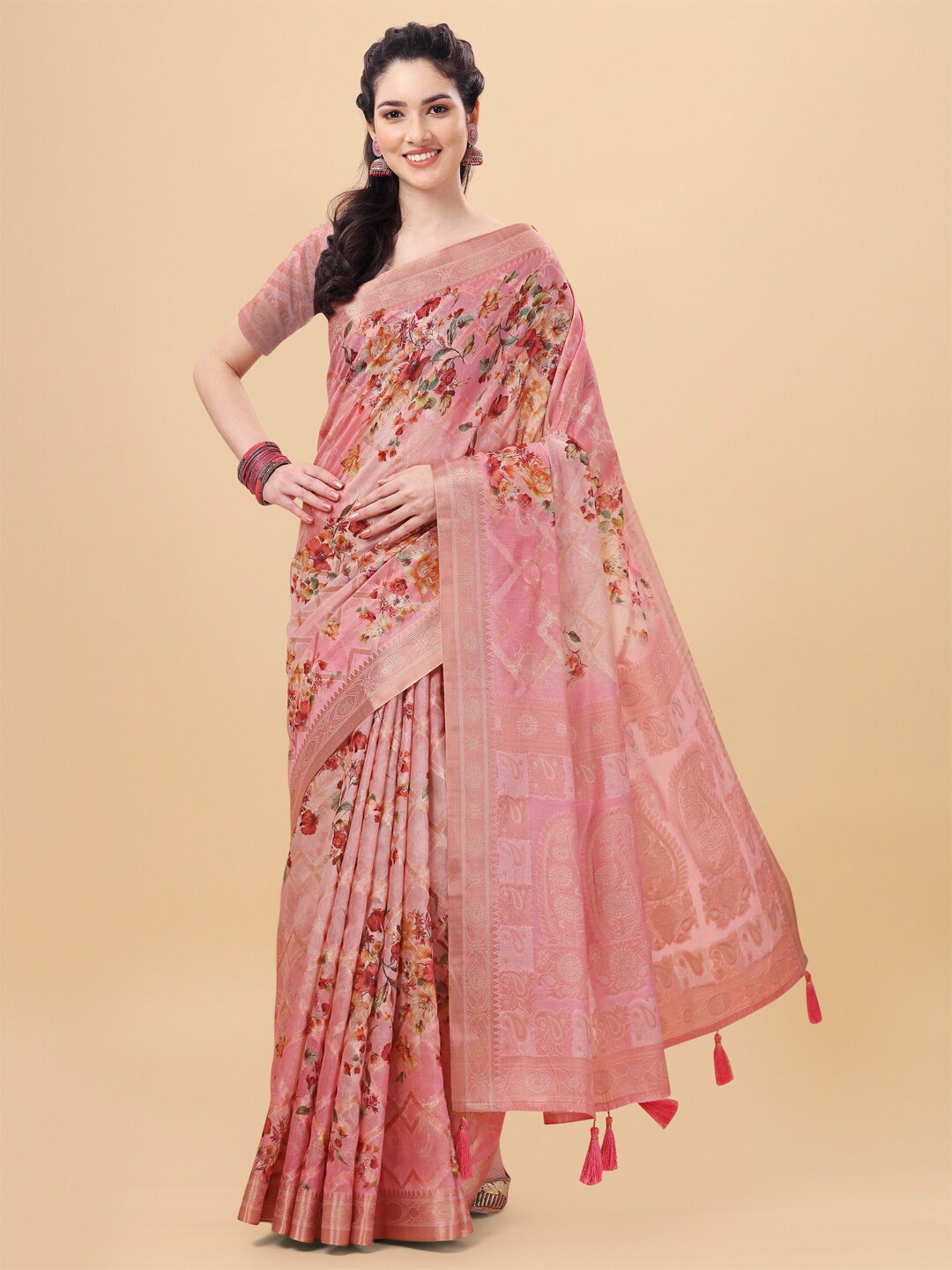 

Mitera Pink & Green Floral Silk Blend Saree