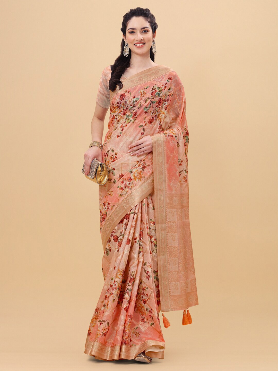 

Mitera Peach & Green Floral Zari Silk Blend Saree