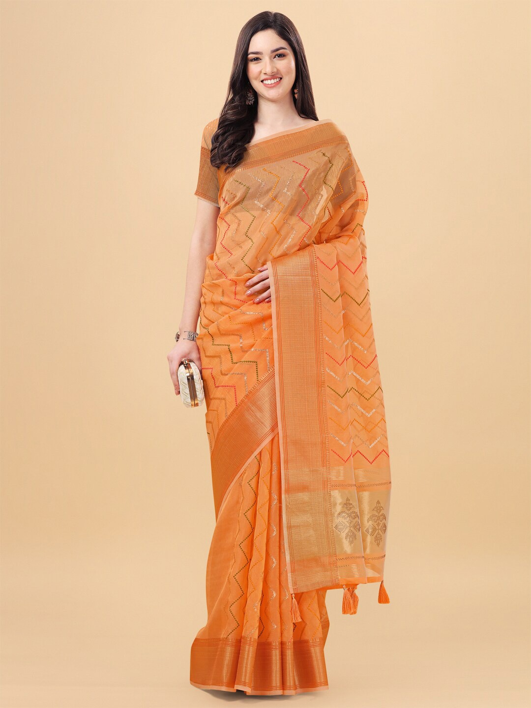 

Mitera Orange & Gold Zari Silk Cotton Saree