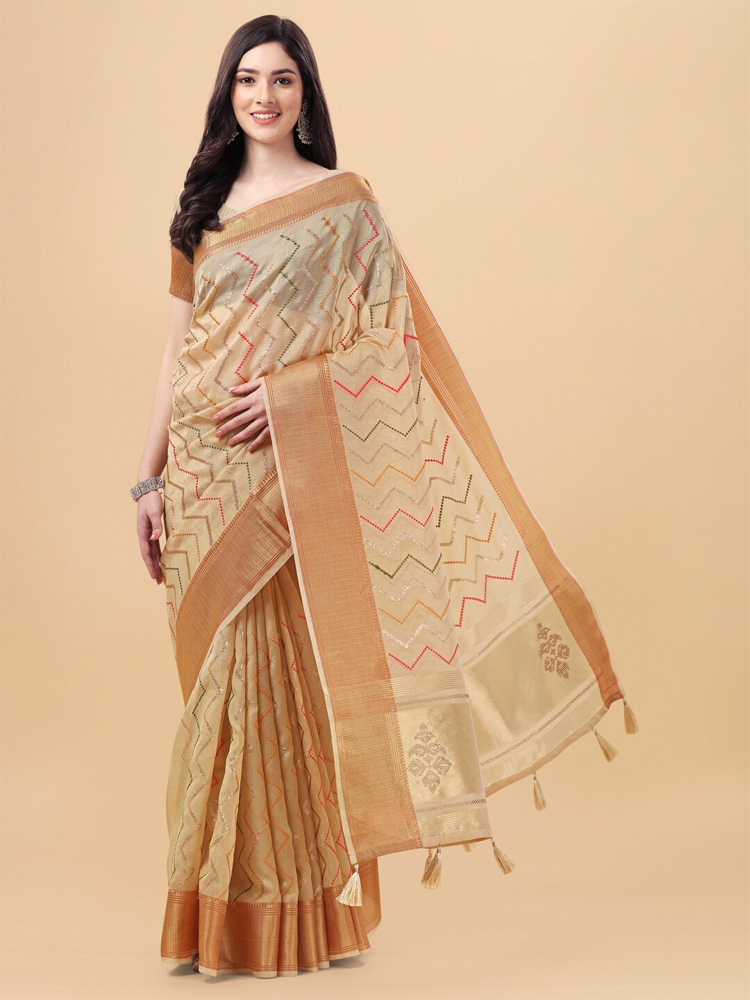 

Mitera Beige & Gold Zari Silk Cotton Saree
