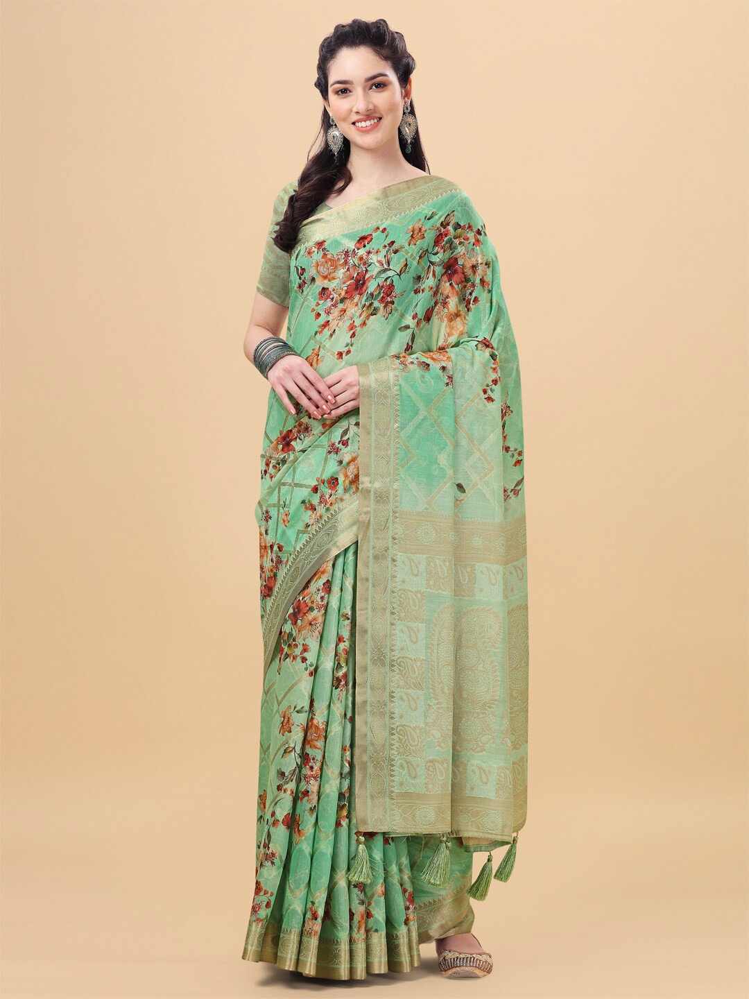 

Mitera Green & Orange Floral Zari Silk Blend Saree