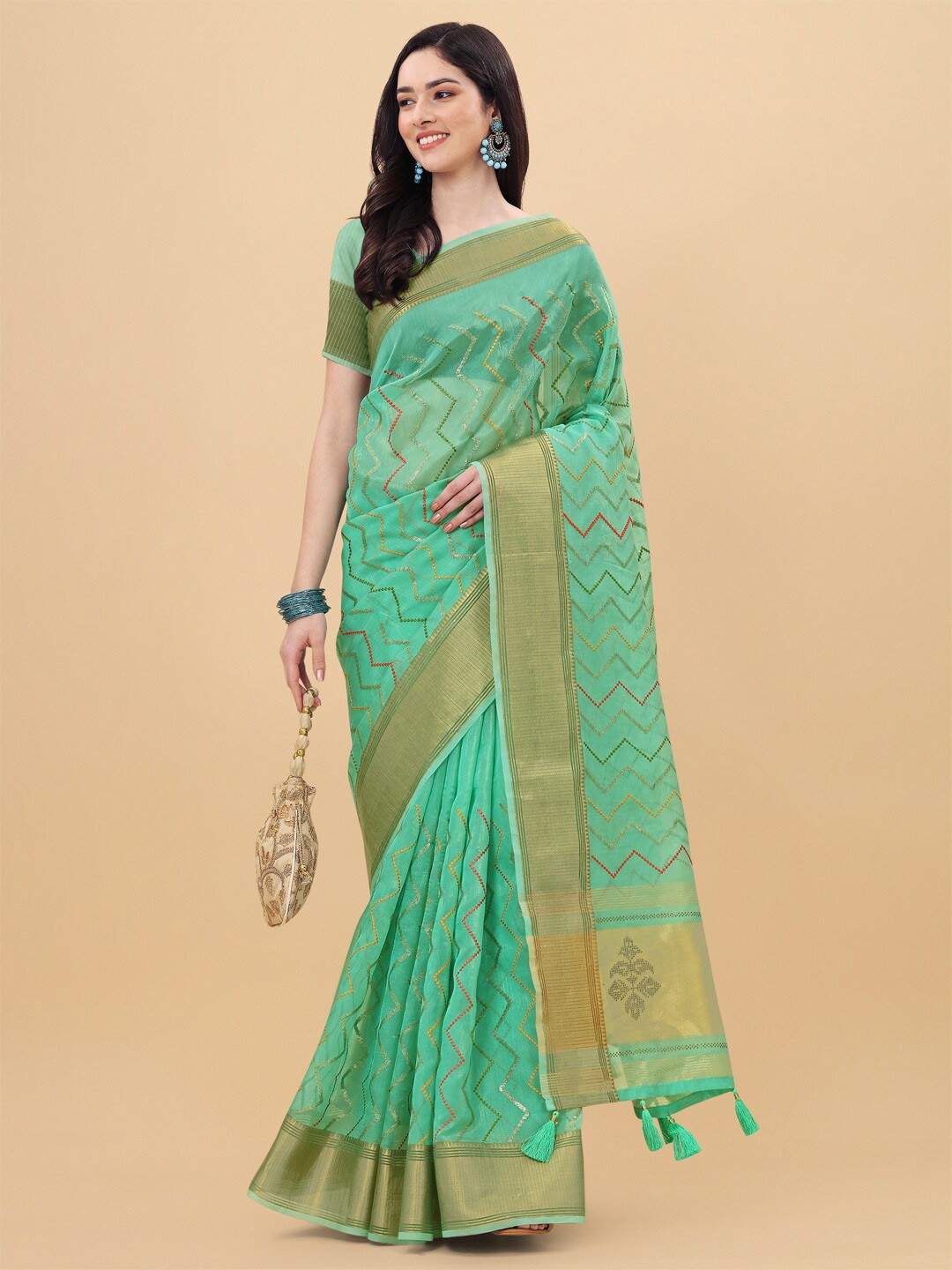 

Mitera Blue & Gold Embroidered Silk Cotton Saree