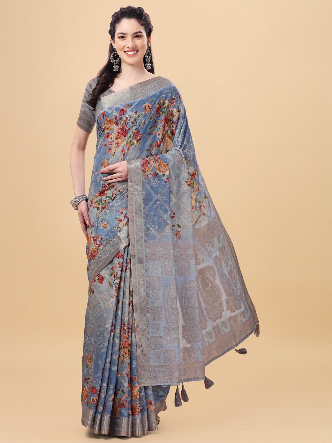 

Mitera Grey & Maroon Floral Silk Blend Saree