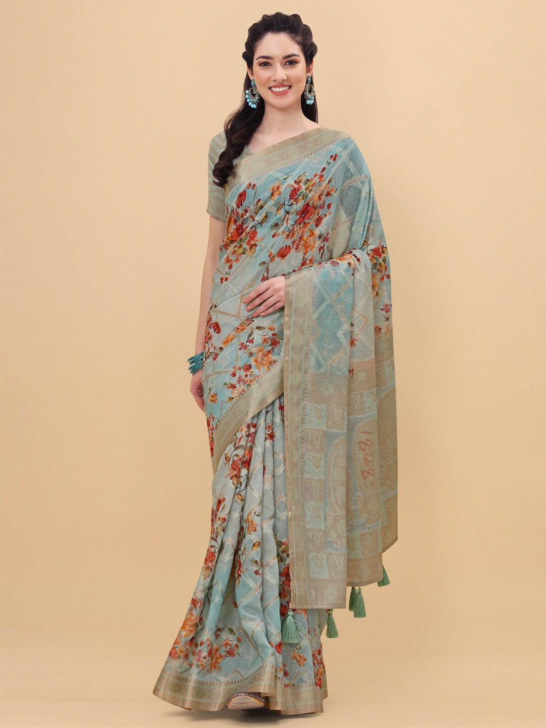 

Mitera Silver & Orange Floral Silk Blend Saree