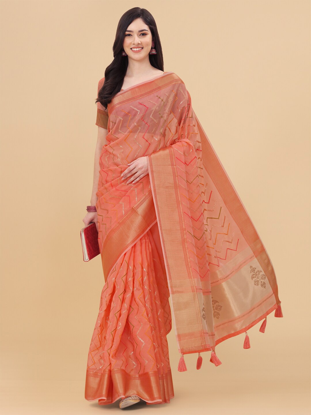 

Mitera Peach-Coloured & Gold Embroidered Silk Cotton Saree