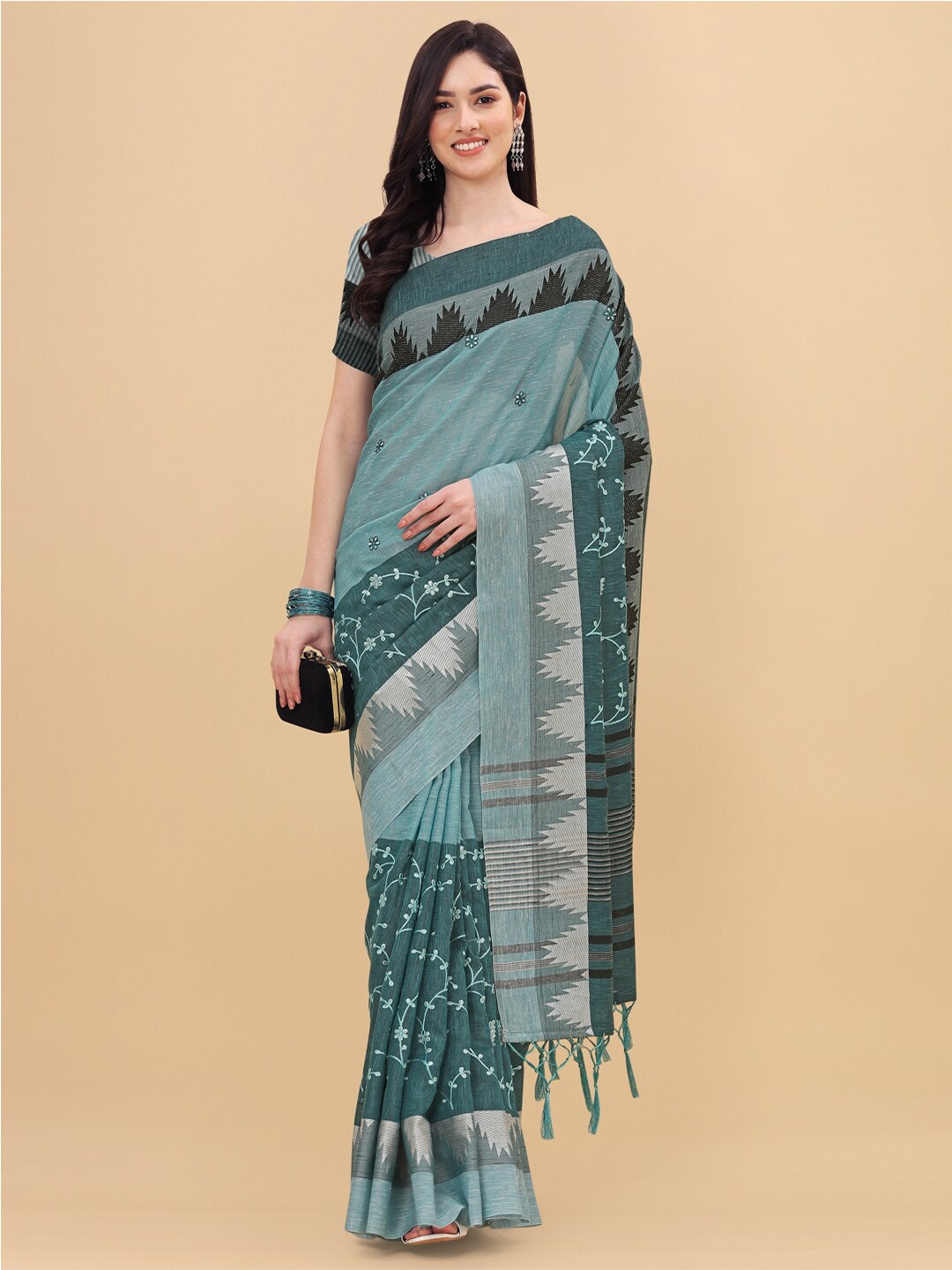 

Mitera Blue & Black Floral Pure Linen Saree
