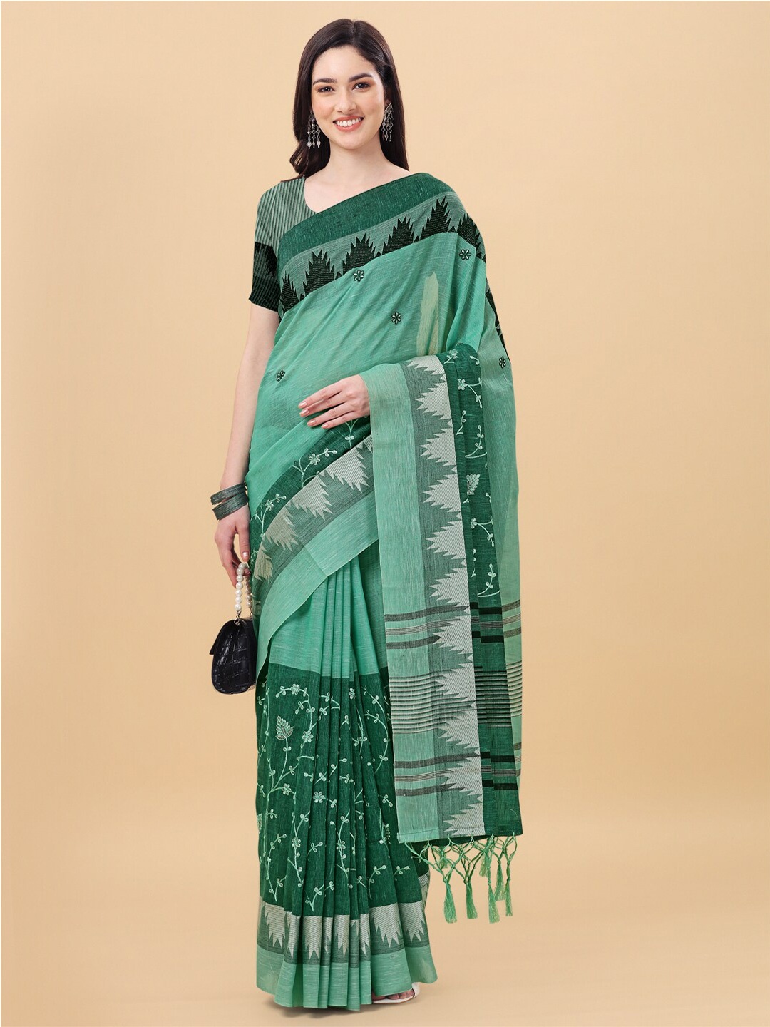 

Mitera Green & Grey Floral Embroidered Pure Linen Saree