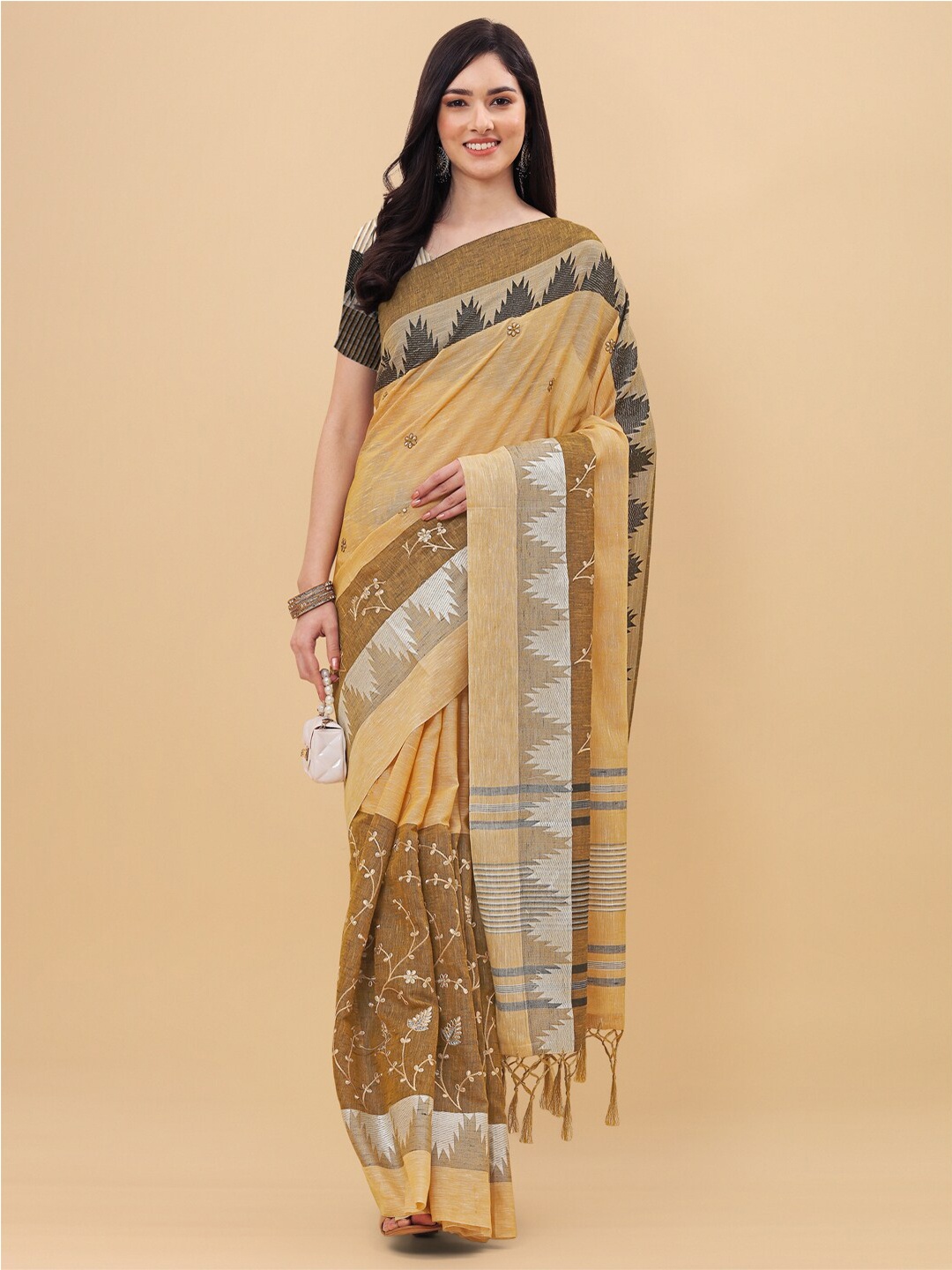 

Mitera Mustard & Grey Floral Embroidered Pure Linen Saree