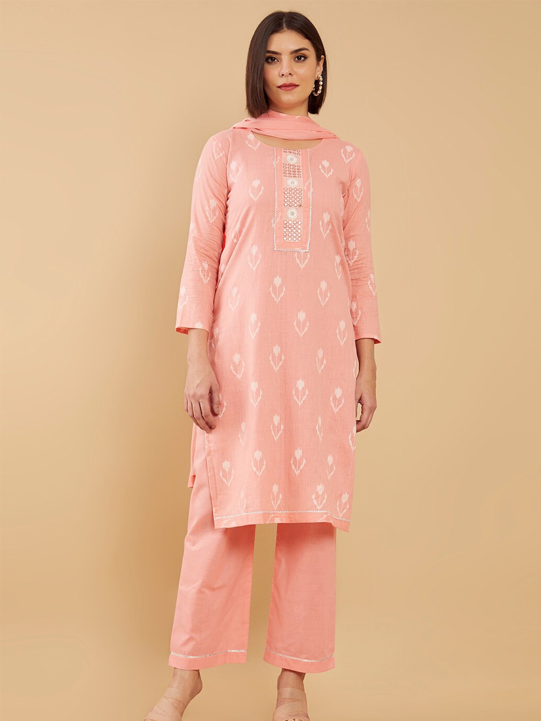 

Soch Peach-Coloured & White Printed Unstitched Dress Material