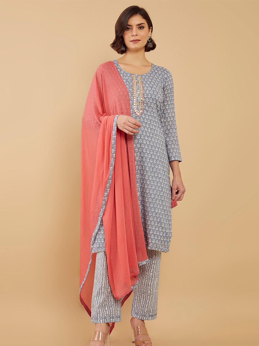 

Soch Blue & Peach-Coloured Printed Unstitched Dress Material