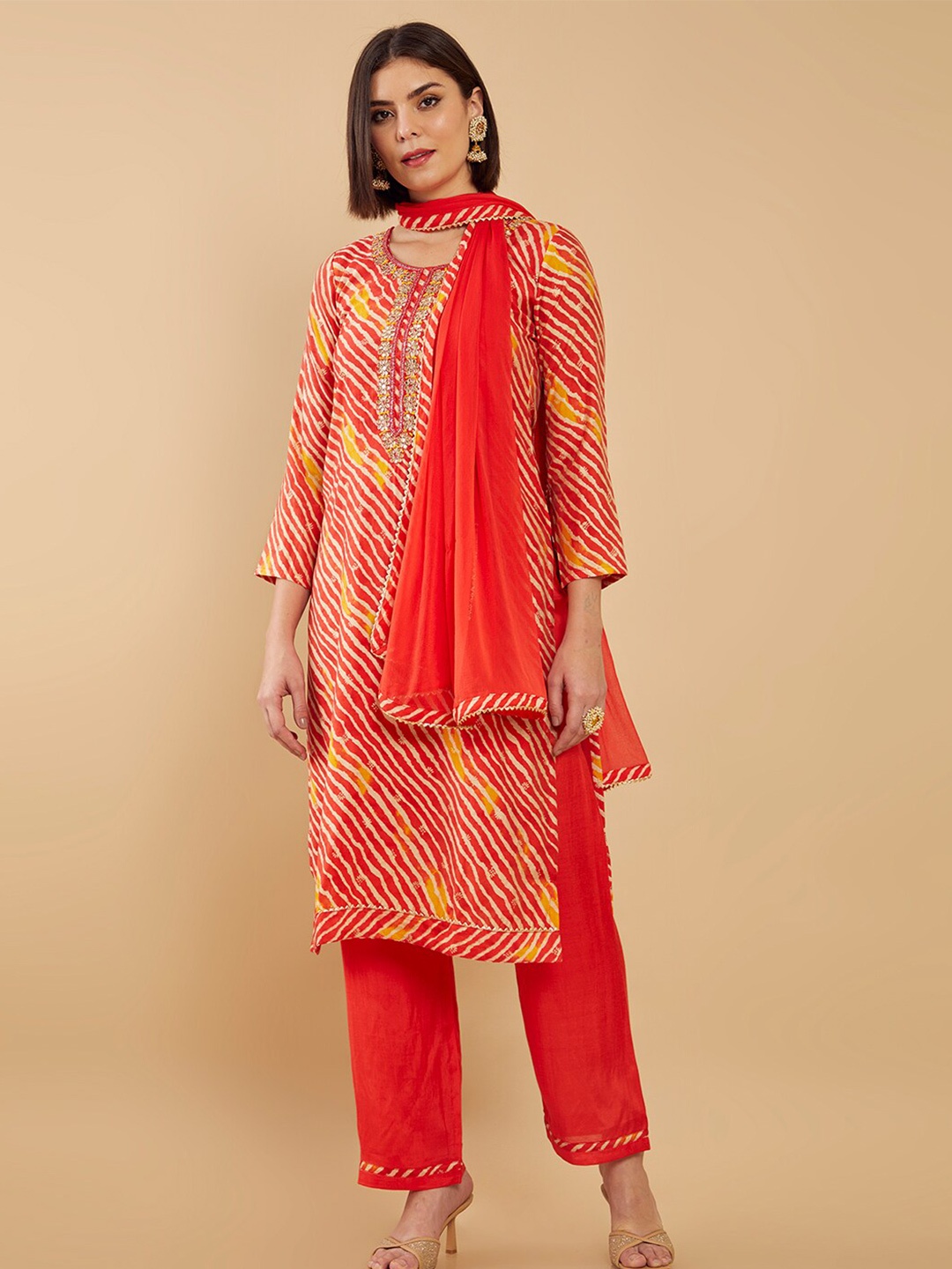 

Soch Red & Orange Printed Unstitched Dress Material