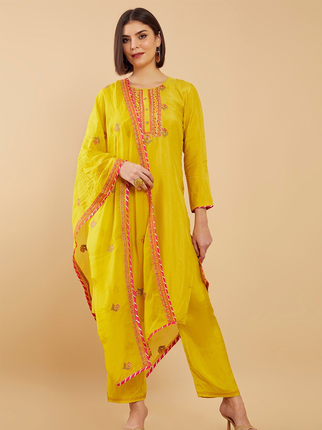 

Soch Yellow & Pink Embroidered Art Silk Unstitched Dress Material