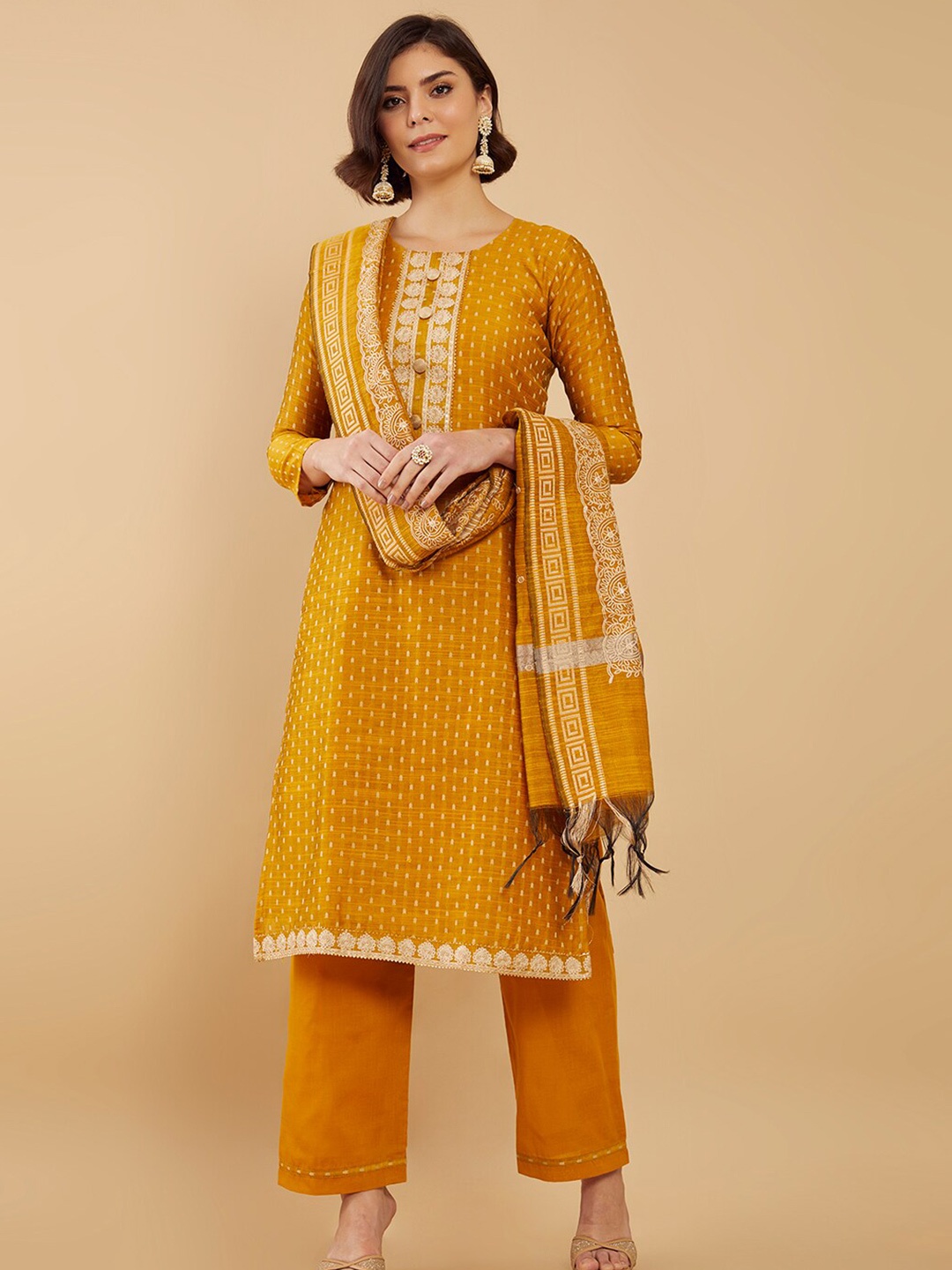 

Soch Mustard & Off White Embroidered Art Silk Unstitched Dress Material