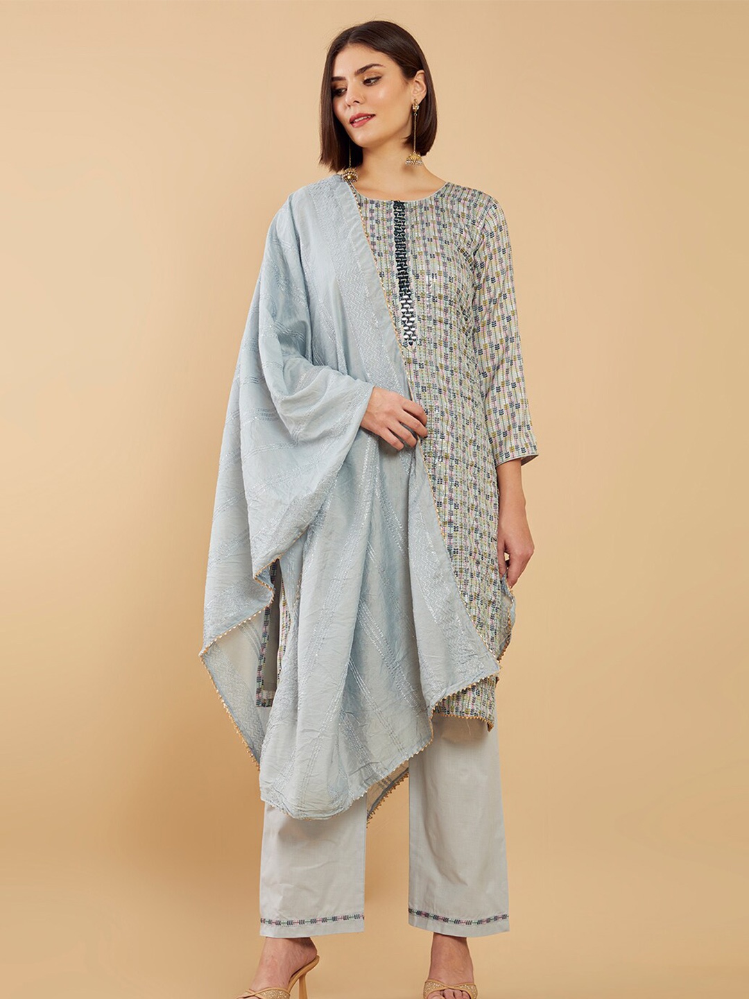 

Soch Blue & Gold-Toned Printed Unstitched Dress Material