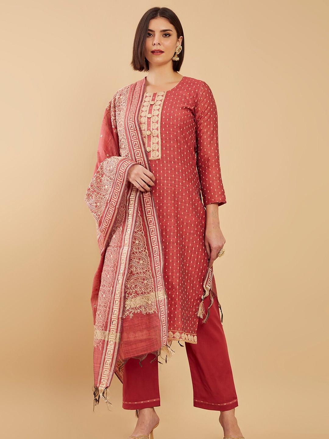 

Soch Red & Beige Embroidered Art Silk Unstitched Dress Material