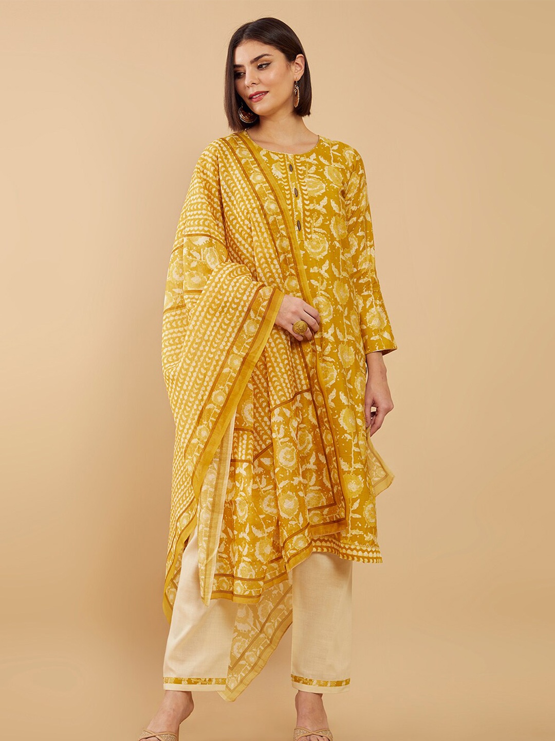 

Soch Yellow & Beige Printed Unstitched Dress Material