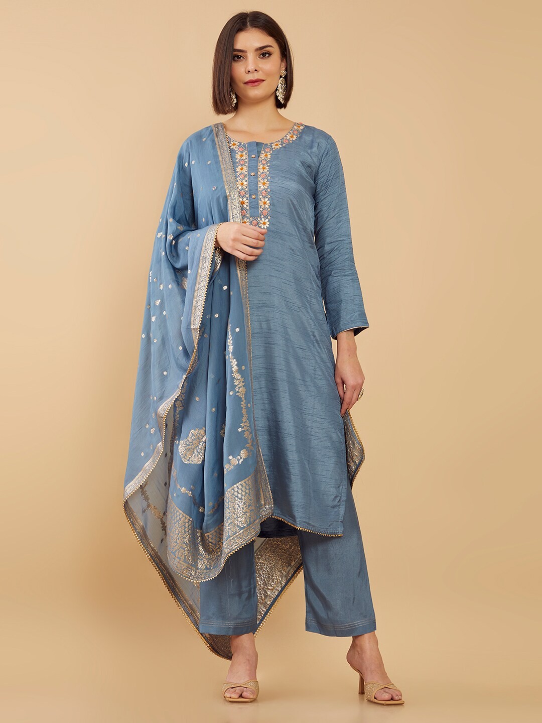 

Soch Blue & Gold-Toned Embroidered Organza Unstitched Dress Material