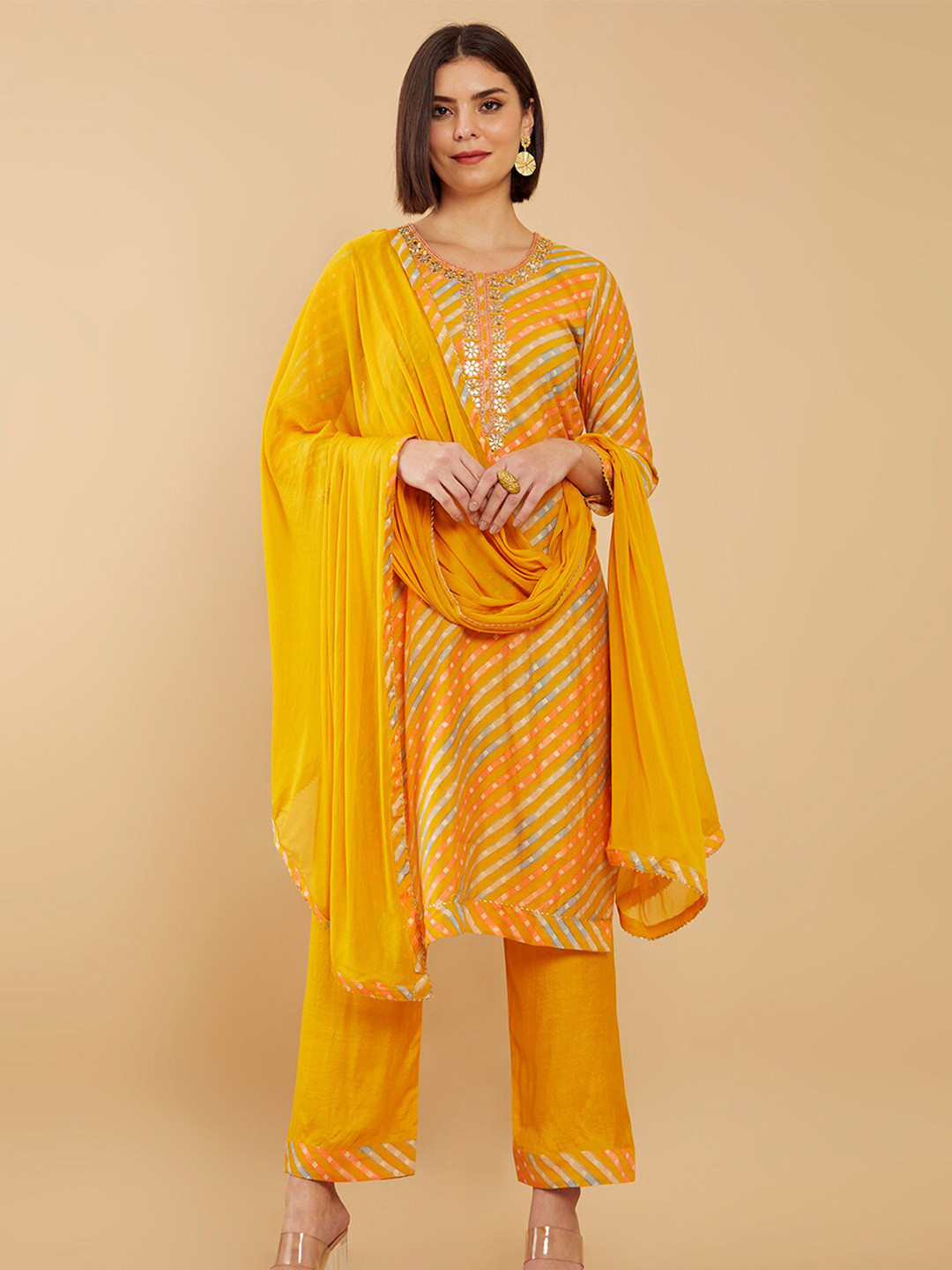 

Soch Mustard & Orange Printed Unstitched Dress Material