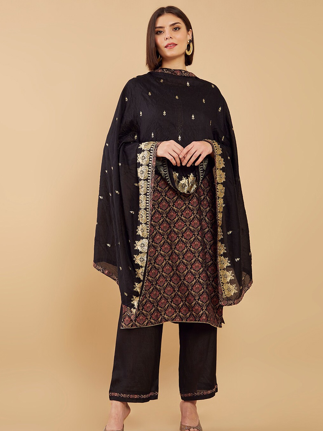 

Soch Black & Red Printed Unstitched Dress Material