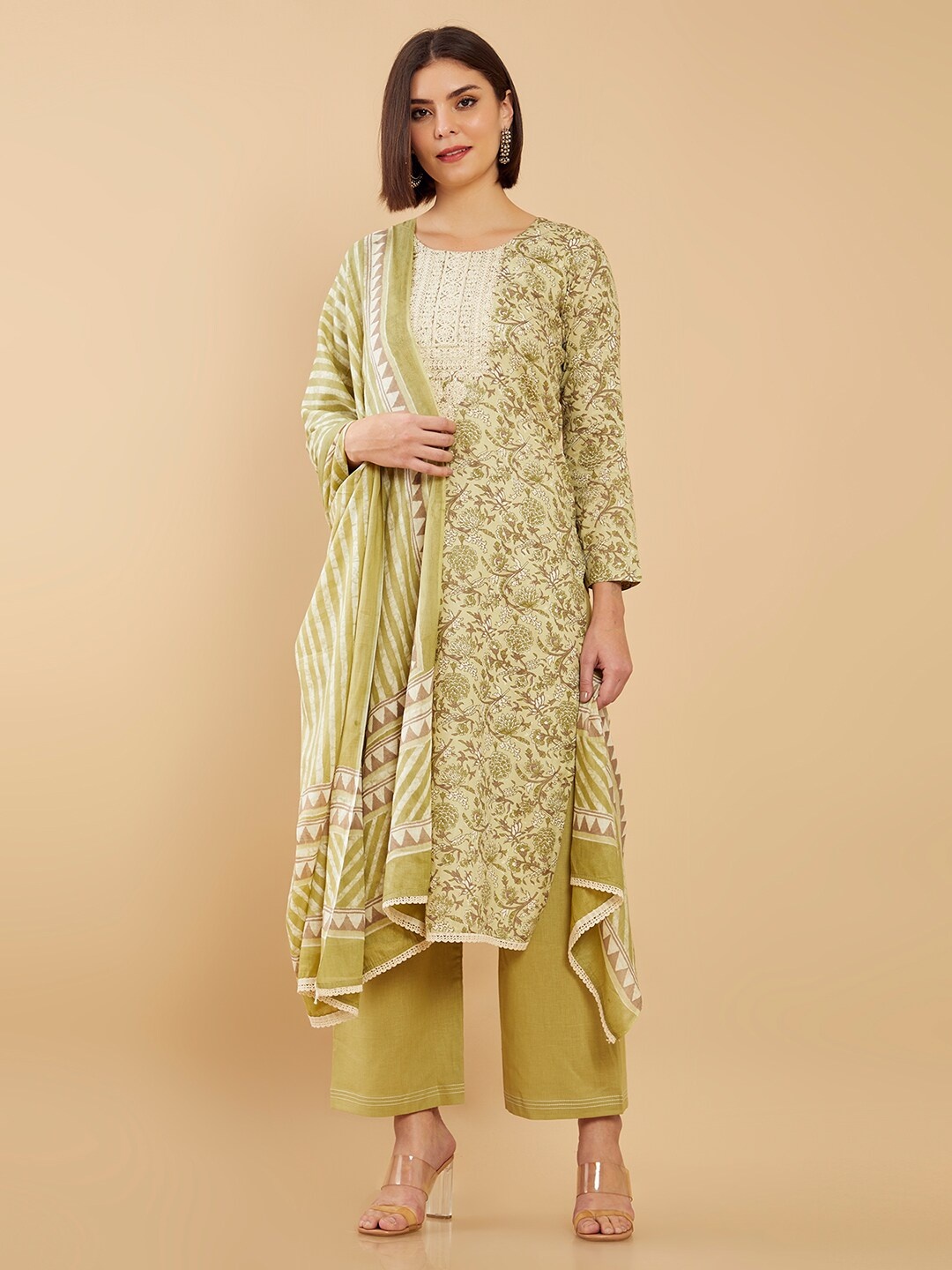 

Soch Green & Cream-Coloured Printed Unstitched Dress Material