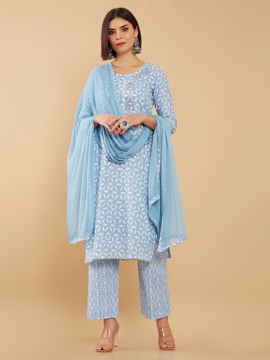 

Soch Blue & White Printed Unstitched Dress Material