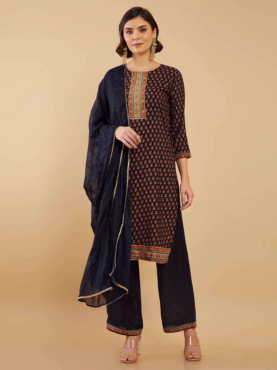 

Soch Navy Blue & Red Printed Unstitched Dress Material