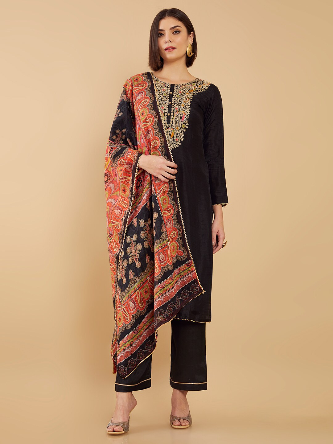 

Soch Black & Red Embroidered Art Silk Unstitched Dress Material