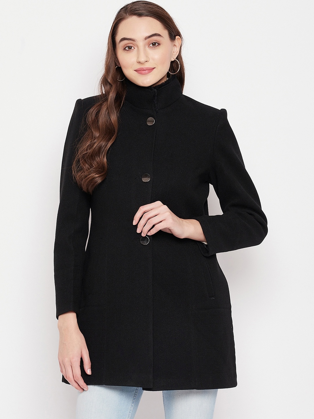 

Okane Women Black Solid Overcoat