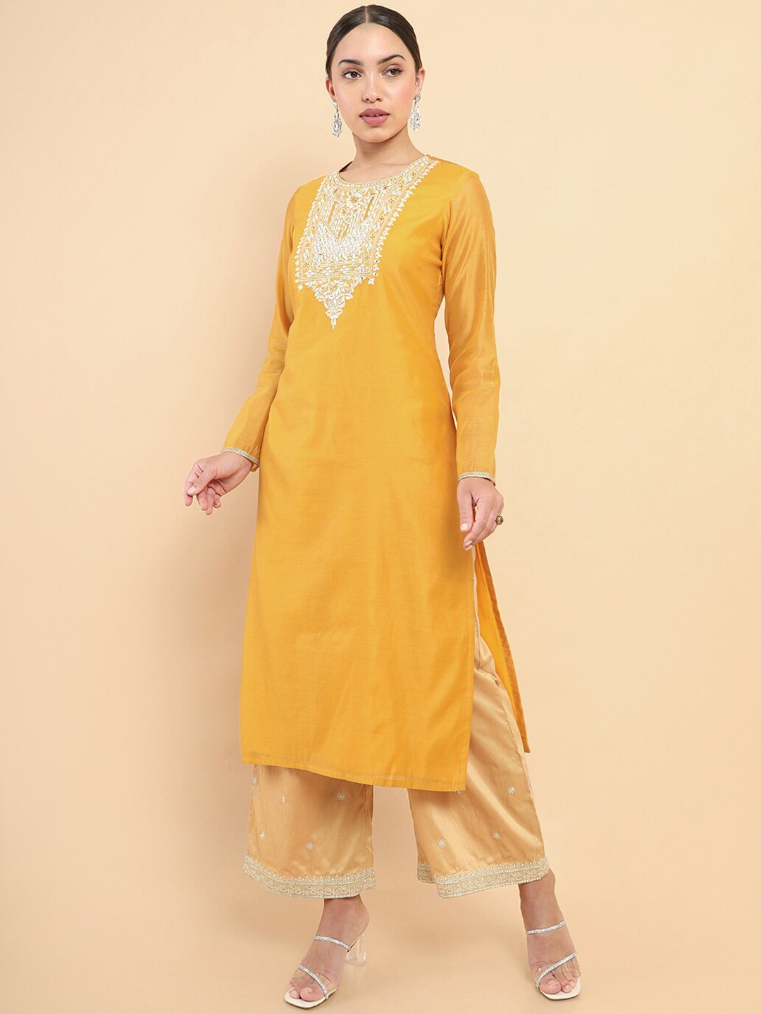 

Soch Women Mustard Yellow Floral Embroidered Yoke Design Silk Kurta