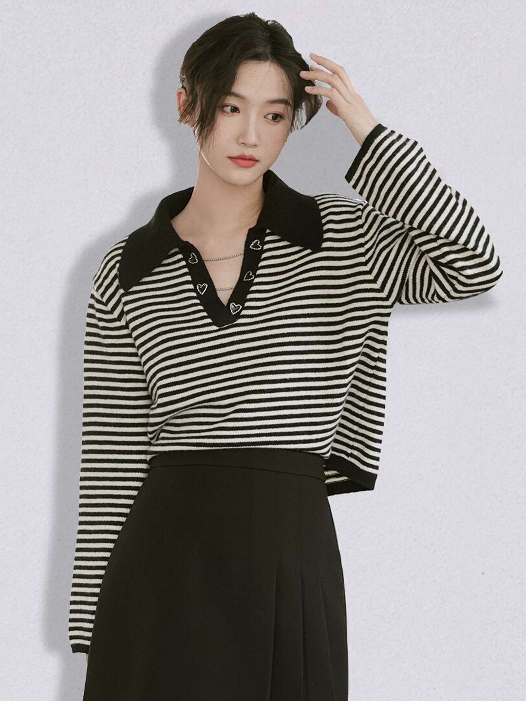 

JC Collection Women Black & White Striped Striped Pullover