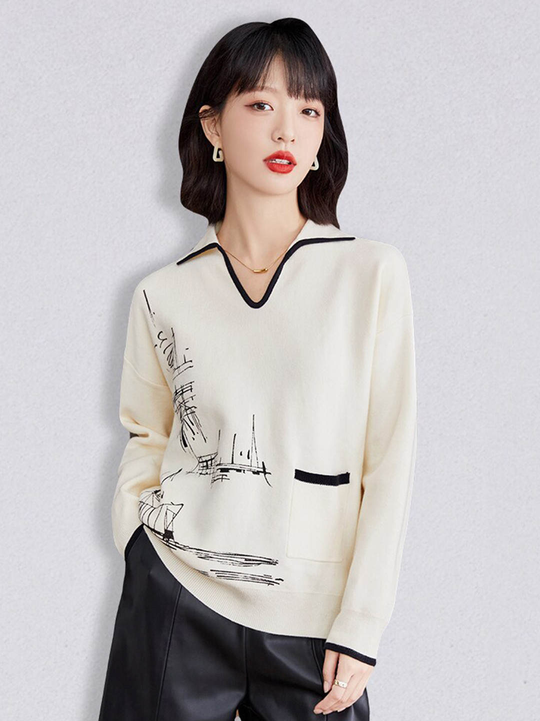 

JC Collection Women Beige & Black Printed Pullover